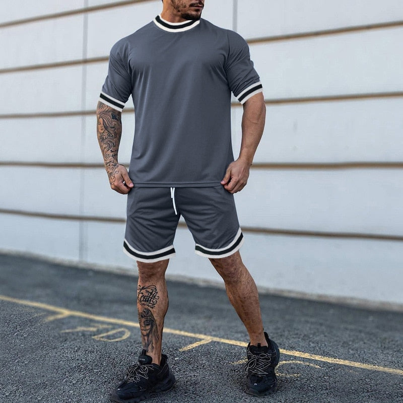 Summer Men&#39;s New Solid Color Round Neck Top Shorts Suit Male Fashion Sports T-shirt Casual Set