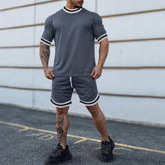 Summer Men's New Solid Color Round Neck Top Shorts Suit Male Fashion Sports T-shirt Casual Set