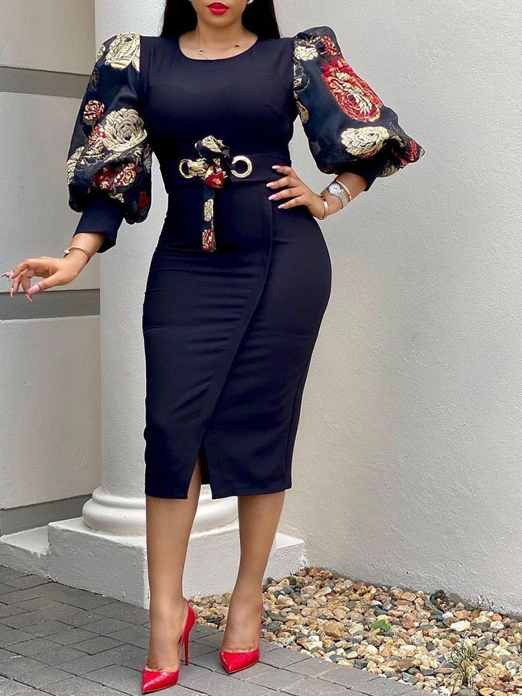 Women Elegant Bodycon Dresses O Neck Three Quater Sleeves High Waist Office Ladies Work Wear Package Hip African Fashion Spring