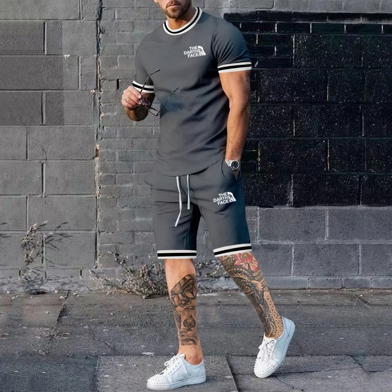 Summer Men&#39;s New Solid Color Round Neck Top Shorts Suit Male Fashion Sports T-shirt Casual Set