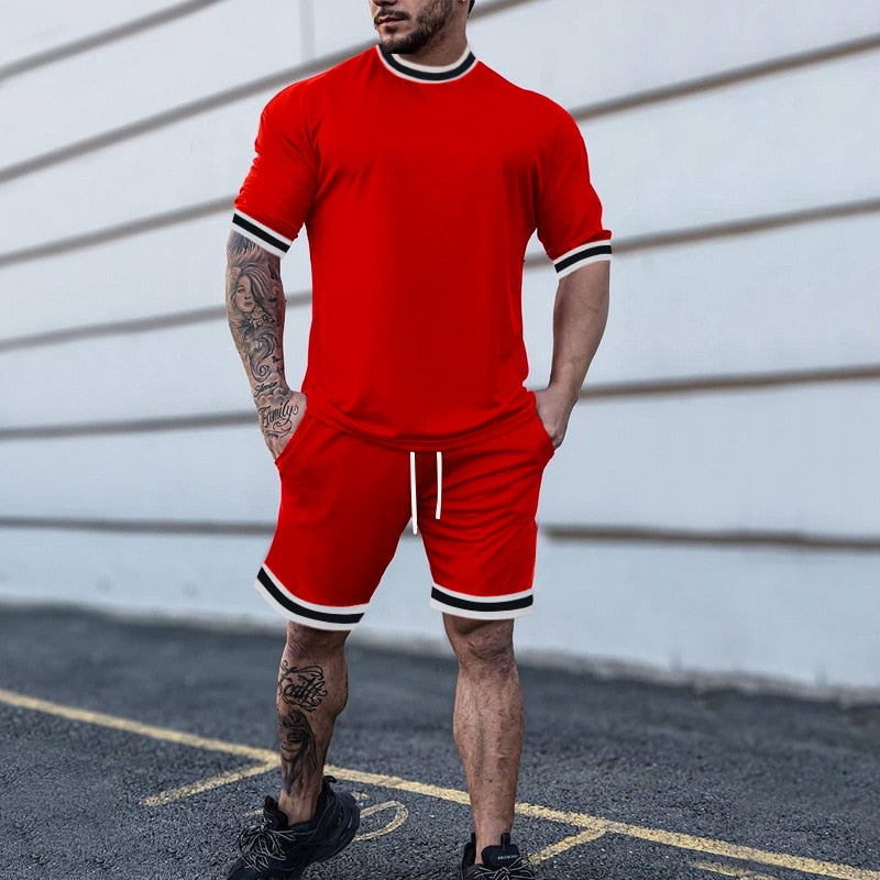 Summer Men&#39;s New Solid Color Round Neck Top Shorts Suit Male Fashion Sports T-shirt Casual Set