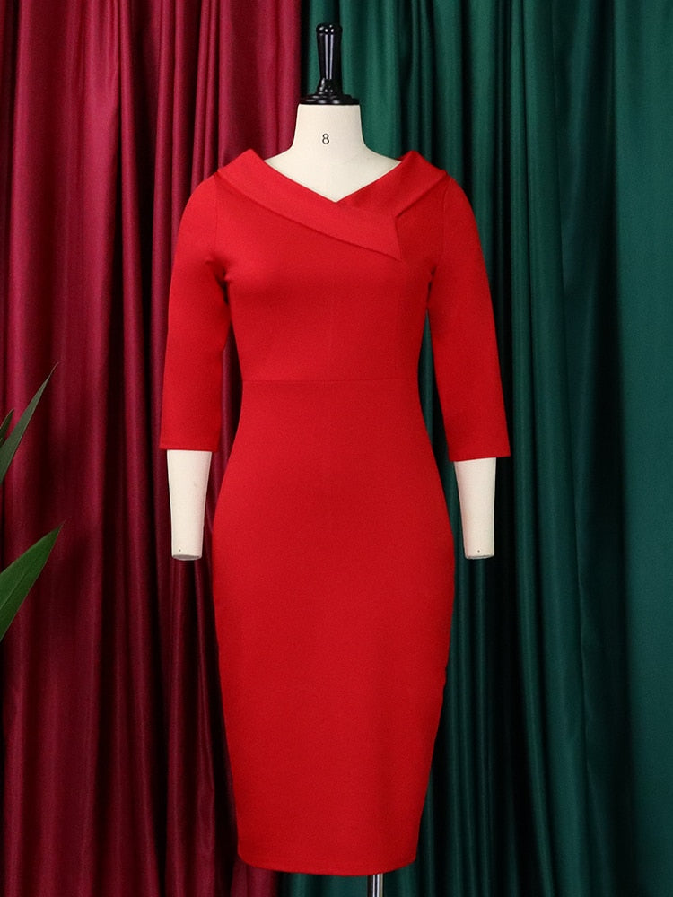 Women White Bodycon Dress Classy Three Quater Sleeves V Neck Sheath Elegant Office Ladies Autumn Fall Fashion Female Large Size