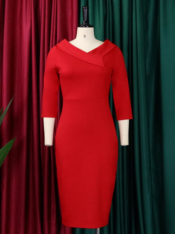 Women White Bodycon Dress Classy Three Quater Sleeves V Neck Sheath Elegant Office Ladies Autumn Fall Fashion Female Large Size