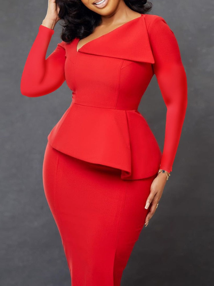 Women Elegant Dress Long Sleeves Peplum Diagonal Collar Long Sleeves Office Ladies Classy Modest Female African Large Size Gowns