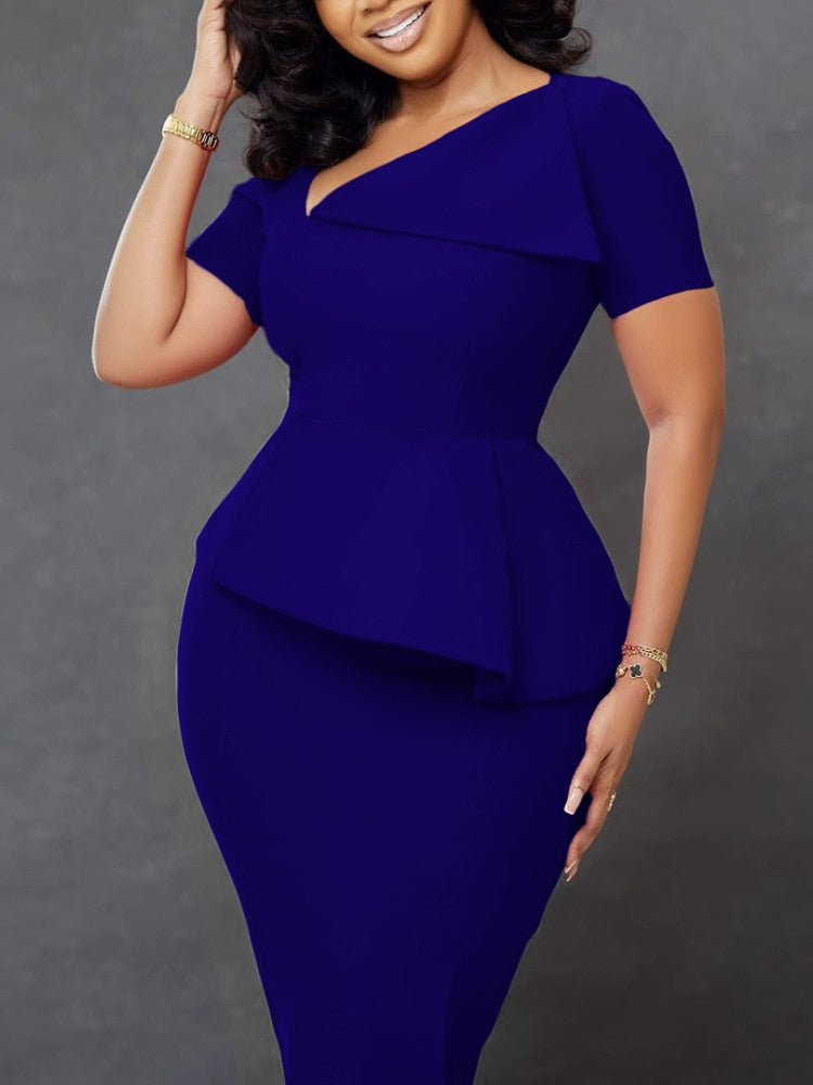 Women Elegant Party Dress Short Sleeves Peplum Skew Collar African Package Hip Female Classy Office Ladies Modest Work Wear New