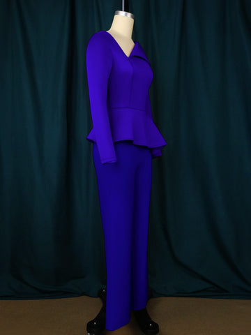 Women Red Jumpsuit Peplum Long Sleeves Slim Asymmetric Collar Office Ladies Classy Elegant Fashion Party One Piece Modest Romper