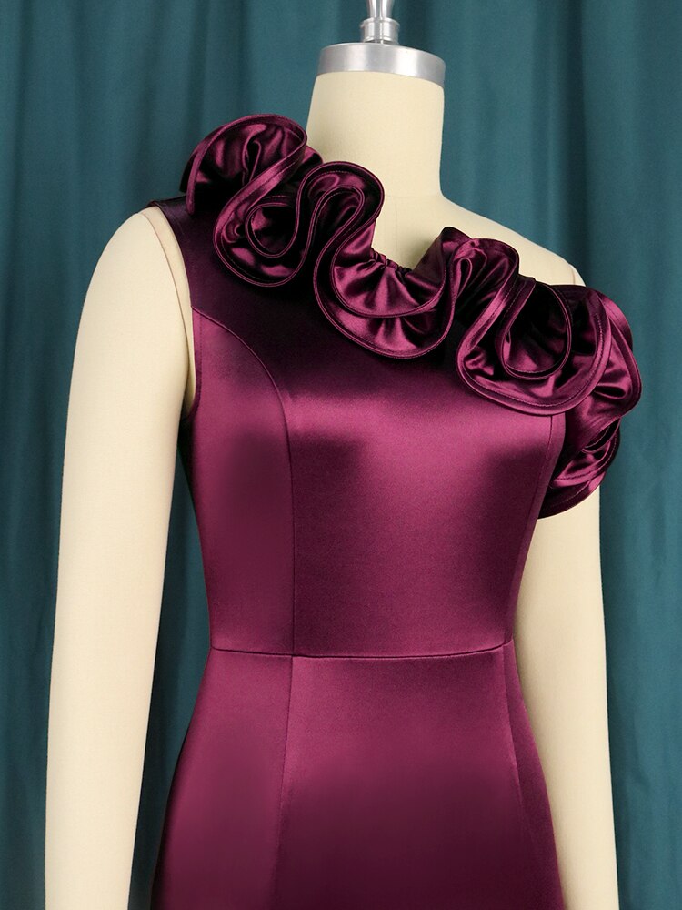 Vintage Women Burgundy Bodycon Dress Elegant Bare Shoulder Ruffled Elastic Satin Silky Dress Formal Party Birthday Evening Wear