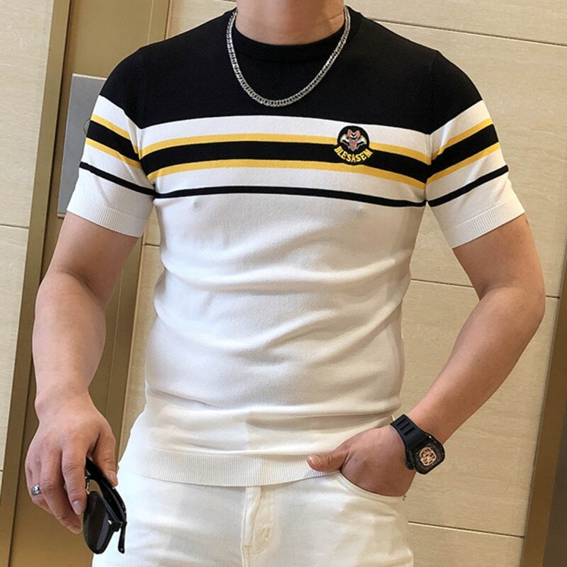 Summer Patchwork Color Slim Fit Knitted T Shirt Men O-Neck Stretched Tee Shirt Homme 2022 Streetwear Fashion Men Casual T-Shirt