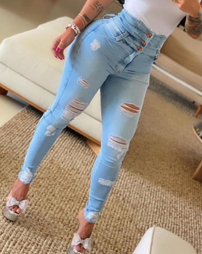 Women&#39;s Jeans 2022 Trend Autumn Fashion High Waist Buttoned Cutout Ripped Casual Skinny Plain Pocket Design Daily Long Jeans