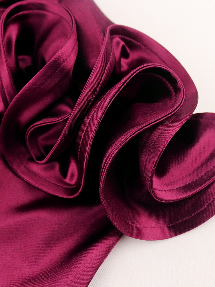 Vintage Women Burgundy Bodycon Dress Elegant Bare Shoulder Ruffled Elastic Satin Silky Dress Formal Party Birthday Evening Wear