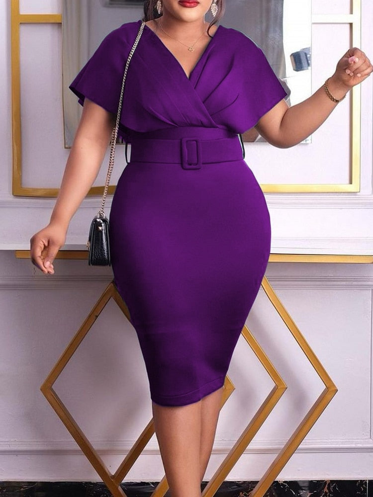 Women Autumn Dress Ladies Casual Big Size Slim Office Dress Retro Elegant V-Neck High Waist Printed Short Sleeve Party Dress