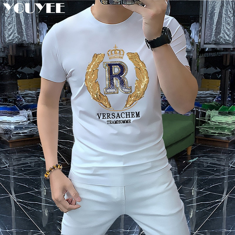 T-shirt Men&#39;s 2022 New Summer Short Sleeve Letter Crown Sequin Embroidery O-Neck Slim Red Top Luxurious Trend Party Man Clothing