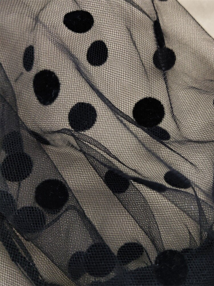 Women Sheer Long Sleeves Polka Dot Bodycon Dress Office Ladies