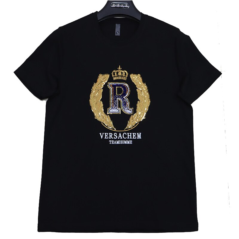 T-shirt Men&#39;s 2022 New Summer Short Sleeve Letter Crown Sequin Embroidery O-Neck Slim Red Top Luxurious Trend Party Man Clothing