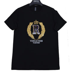T-shirt Men's 2022 New Summer Short Sleeve Letter Crown Sequin Embroidery O-Neck Slim Red Top Luxurious Trend Party Man Clothing