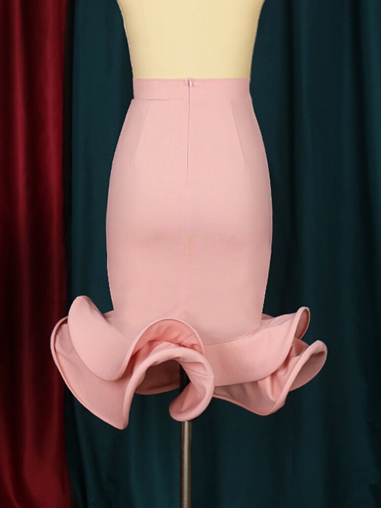 Women Mermaid Skirt High Waist Pink Trumpet Flare Fishtail Sheath Stylish Ruffles Elegant Party Event Elastic Classy Jupes Falad