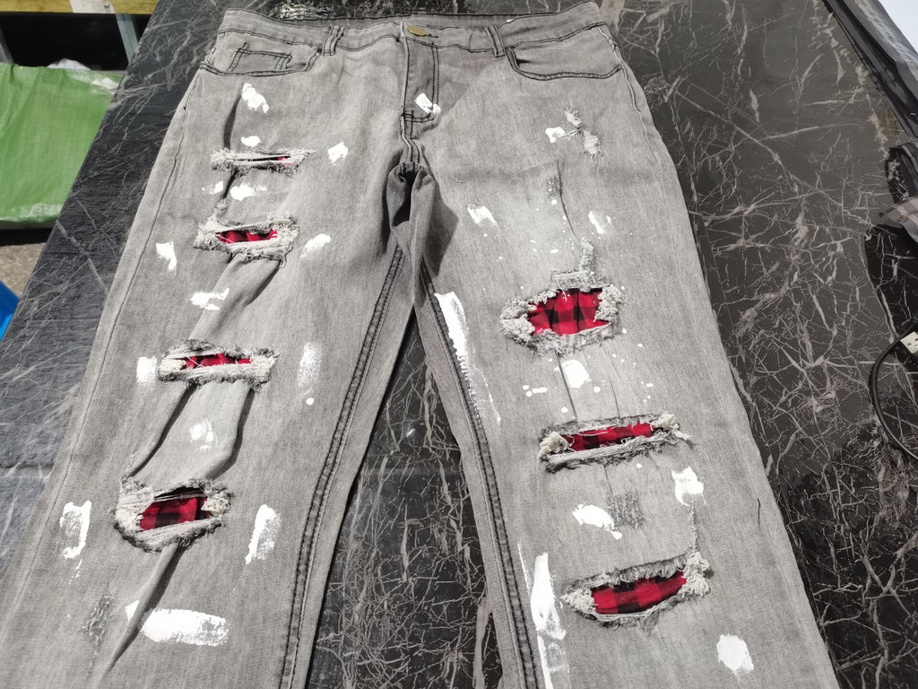 Fashion Men Jeans Knee Hole Ripped Stretch Skinny Denim Pants Solid Color Autumn Summer Hip-Hop Style Slim Fit Trousers