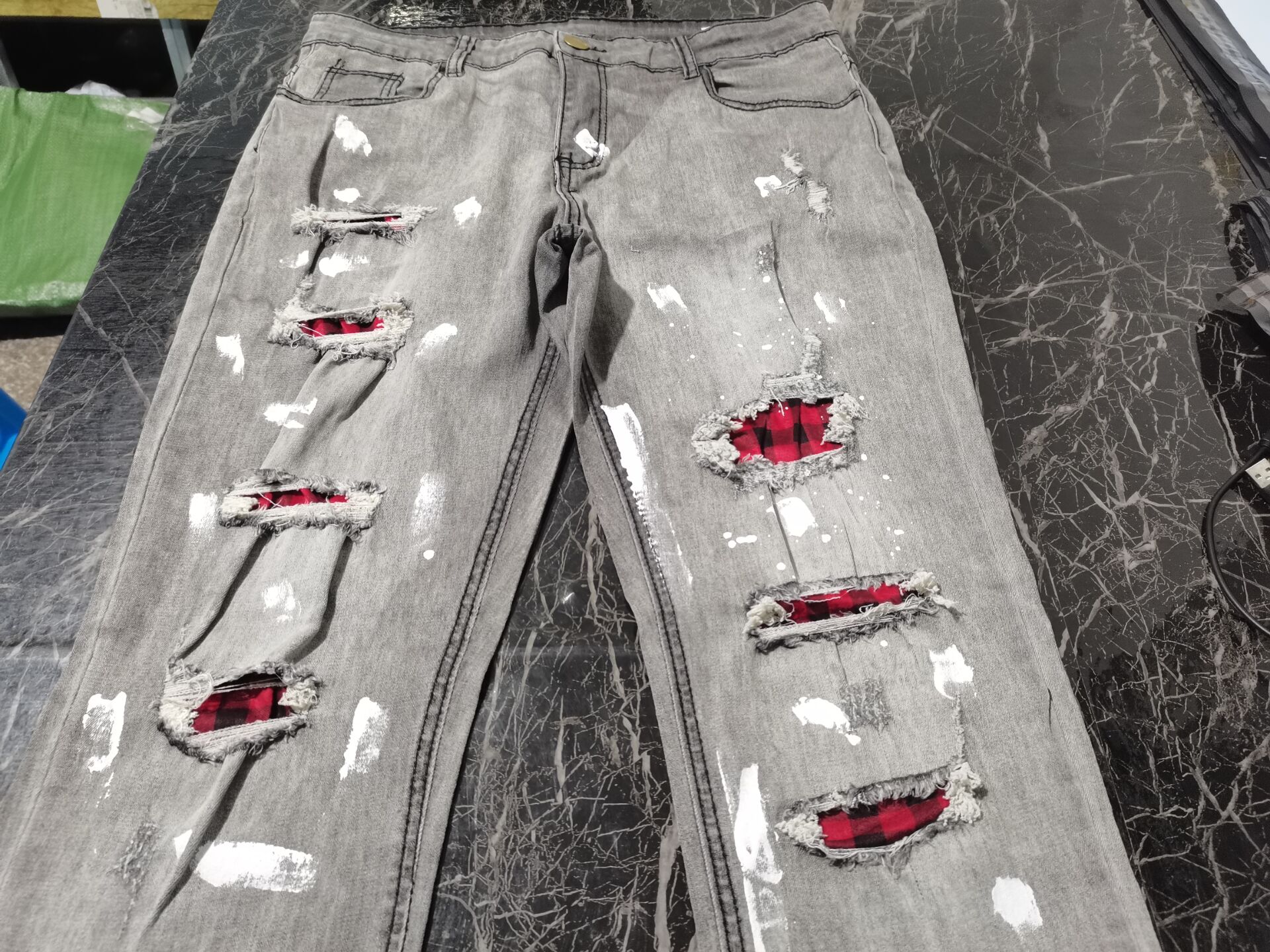 Fashion Men Jeans Knee Hole Ripped Stretch Skinny Denim Pants Solid Color Autumn Summer Hip-Hop Style Slim Fit Trousers