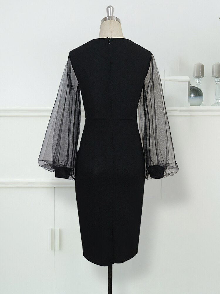 Women Bodycon Dress sheer long lantern sleeve