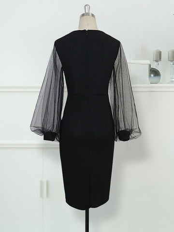 Women Bodycon Dress sheer long lantern sleeve