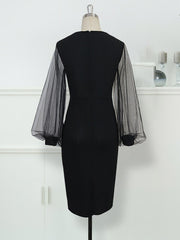Women Bodycon Dress sheer long lantern sleeve