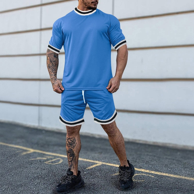 Summer Men&#39;s New Solid Color Round Neck Top Shorts Suit Male Fashion Sports T-shirt Casual Set