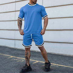 Summer Men's New Solid Color Round Neck Top Shorts Suit Male Fashion Sports T-shirt Casual Set