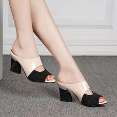 Women Sandals Square Heel 2022 Summer Shoes Woman Fashion Slides Cut-out Open Toe Slip On Mothers Sandal Female Bling Slippers