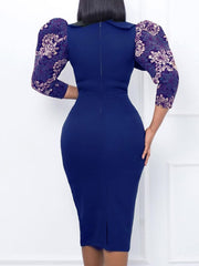 Women Elegant Dress Printed Sleeves with Big Bow Collar High Waist Classy Modest Office Lady African Gowns Package Hip Vestidos