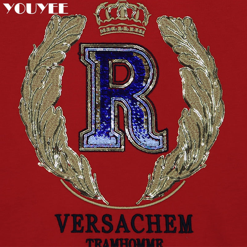 T-shirt Men&#39;s 2022 New Summer Short Sleeve Letter Crown Sequin Embroidery O-Neck Slim Red Top Luxurious Trend Party Man Clothing