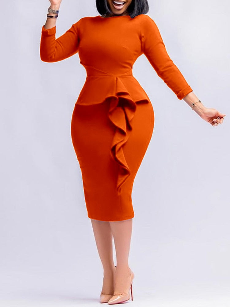 Women Elegant Bodycon Peplum Dresses Ruffles Slim Sheath O Neck Long Sleeves Package Hip Female African Large Size Ladies Gowns