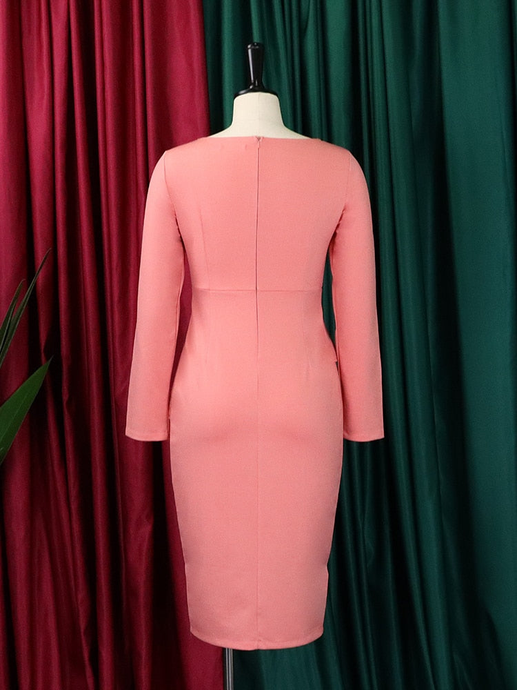 Women Elegant Dress Long Sleeves Peplum Diagonal Collar Long Sleeves Office Ladies Classy Modest Female African Large Size Gowns