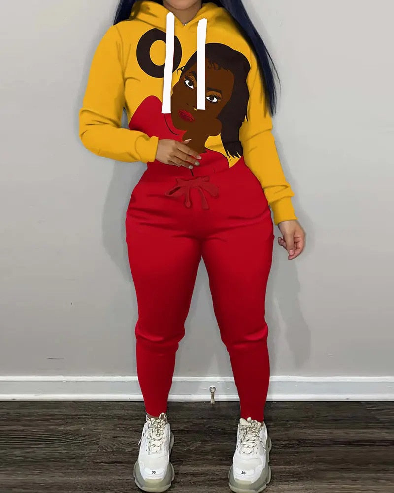 Women Two Piece Outfits 2022 New Casual Hooded Tops Fashion Hooded Printed Trousers Suit Sweater Wholesale Female Clotheing