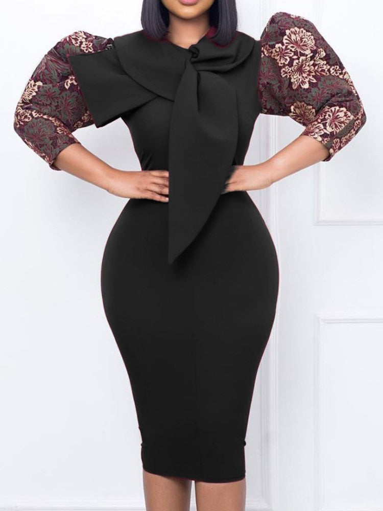 Women Elegant Dress Printed Sleeves with Big Bow Collar High Waist Classy Modest Office Lady African Gowns Package Hip Vestidos