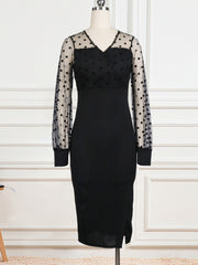 Women Sheer Long Sleeves Polka Dot Bodycon Dress Office Ladies