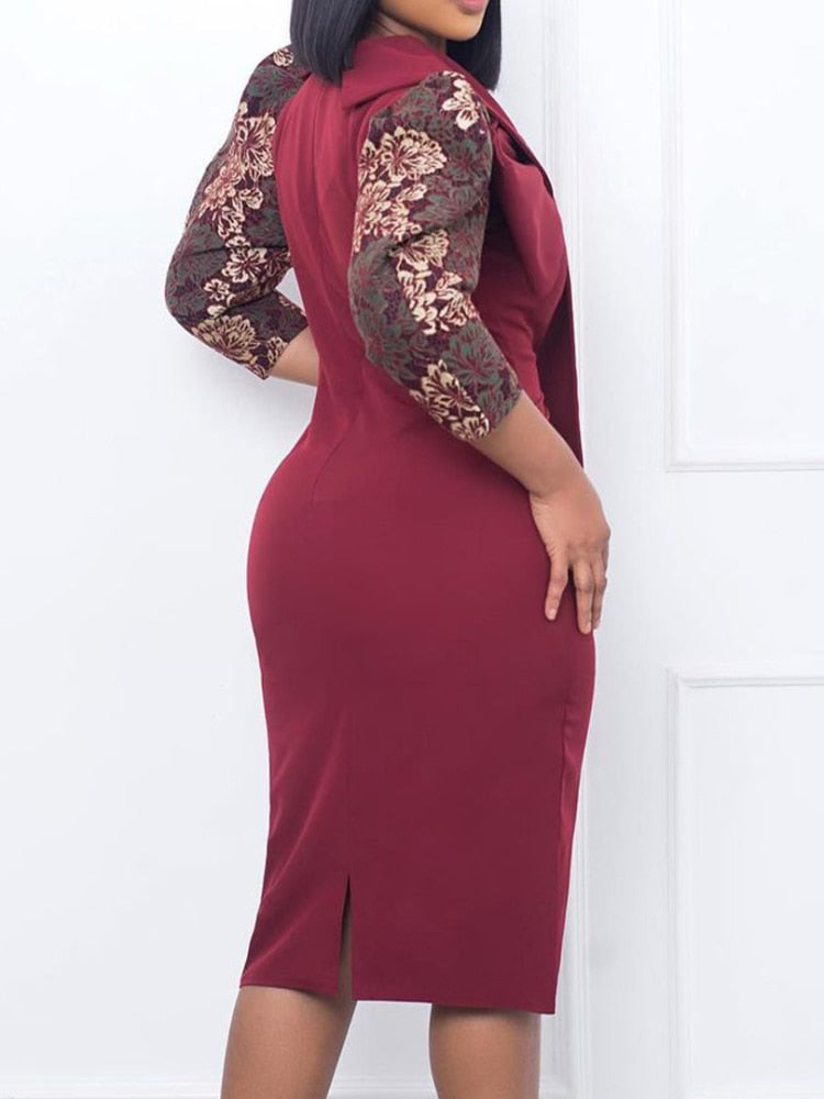 Women Elegant Dress Printed Sleeves with Big Bow Collar High Waist Classy Modest Office Lady African Gowns Package Hip Vestidos