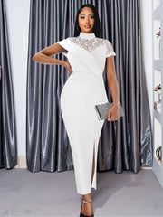 Women Dresses Lace Patchwork Elegant Party Sheer Sleeves Slim See Through Classy Retro Summer Large Size Lady Homecoming Gowns