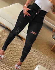 Women's Jeans 2022 Trend Autumn Fashion High Waist Buttoned Cutout Ripped Casual Skinny Plain Pocket Design Daily Long Jeans