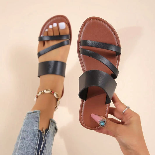 Women&#39;s Slippers Summer Sexy 2023 Leather Open Toe Shoes Outdoor Beach Casual Flat Female Slides Soft Zapatos De Mujer PU1
