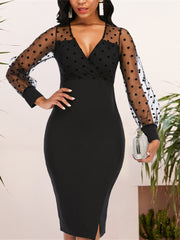 Women Sheer Long Sleeves Polka Dot Bodycon Dress Office Ladies