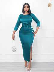 Women Long Dress Shiny O Neck Bodycon Sheath Evening Party Elegant Button Up African Female Package Hip Occasion Robes Gowns New
