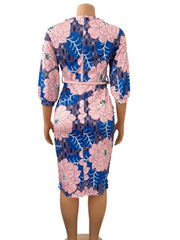 Women Bodycon Printed Dress Three Quarter Sleeves Midi Office Ladies Work Wear Elegant Classy Vestidos African Female Big Size