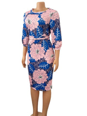 Women Bodycon Printed Dress Three Quarter Sleeves Midi Office Ladies Work Wear Elegant Classy Vestidos African Female Big Size