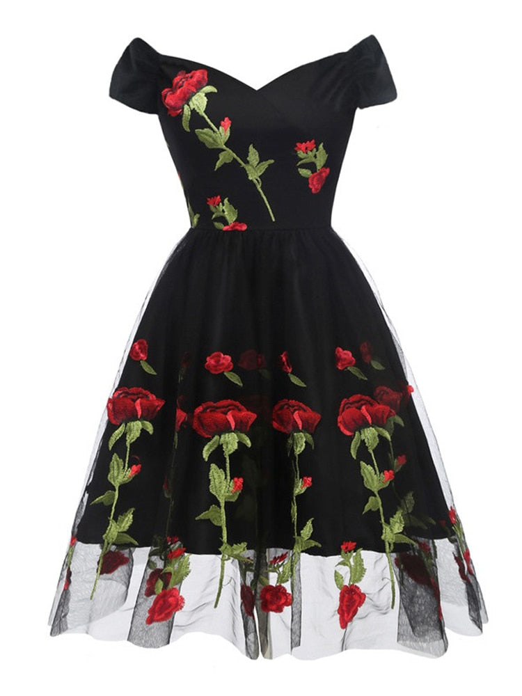 Tonval Rose Floral Embroidered V-Neck Elegant Party Dress Pleated Mesh Overlay Women Short Sleeve Vintage Summer Dresses