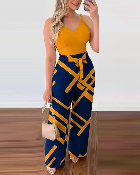 Two Piece Sets Womens Outifits 2023 Summer Fashion Shirred V-Neck Cami Top &amp; Geometric Print High Waist Pocket Design Pants Set