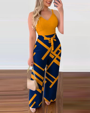 Two Piece Sets Womens Outifits 2023 Summer Fashion Shirred V-Neck Cami Top &amp; Geometric Print High Waist Pocket Design Pants Set