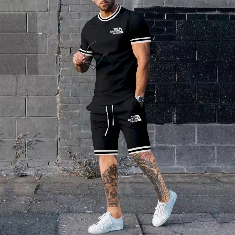 Summer Men&#39;s New Solid Color Round Neck Top Shorts Suit Male Fashion Sports T-shirt Casual Set