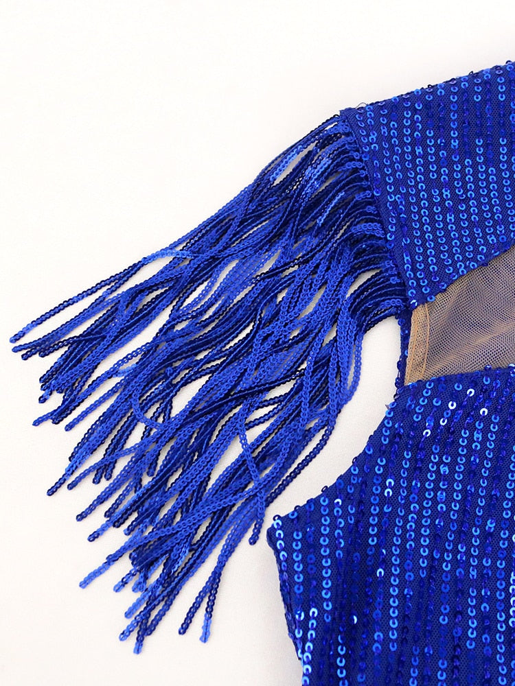 Summer Sequin Dress Big Size Elegant Women Shiny Fringe Mesh Contrast Knee Length Stretch Bodycon Party Evening Event Robes