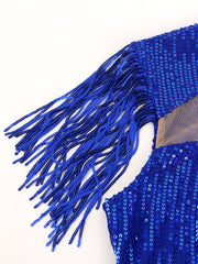 Summer Sequin Dress Big Size Elegant Women Shiny Fringe Mesh Contrast Knee Length Stretch Bodycon Party Evening Event Robes