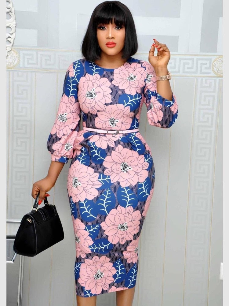 Women Bodycon Printed Dress Three Quarter Sleeves Midi Office Ladies Work Wear Elegant Classy Vestidos African Female Big Size